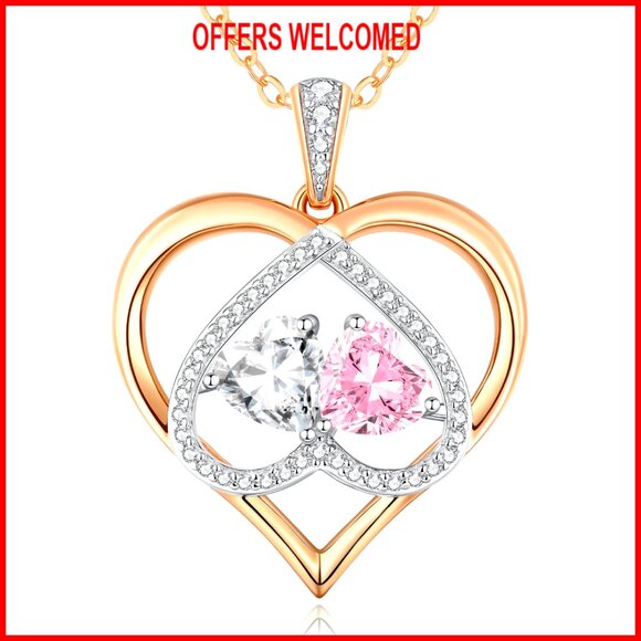 Rose Gold Plated Double Heart Birthstone Pendant Necklace for Women